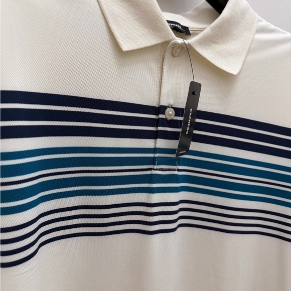 Express Men’s Striped Polo Shirt Cream Blue Short Sleeve NWT Size small - Picture 3 of 12